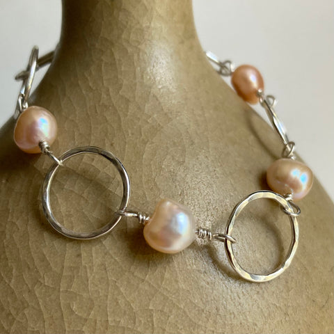 Peach Pearl and Sterling Silver Bracelet