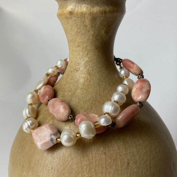 Pink Lepidolite and Pearl Bracelet