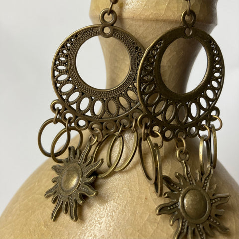 Antique Brass Sun Charm Earrings