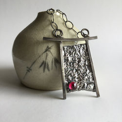 Torii Gate Style Necklace in Reticulated Silver with Lab Ruby