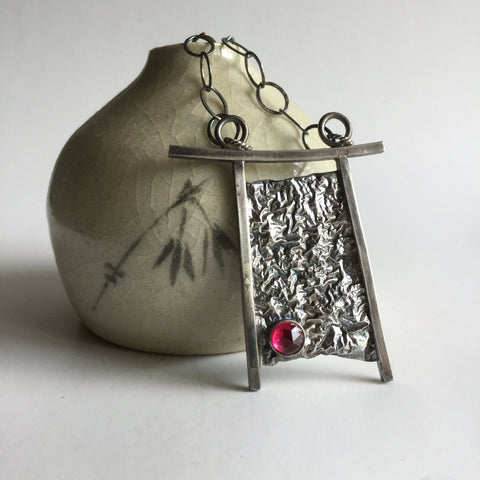 Torii Gate Style Necklace in Reticulated Silver with Lab Ruby