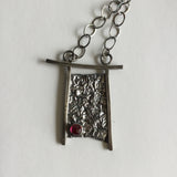 Torii Gate Style Necklace in Reticulated Silver with Lab Ruby