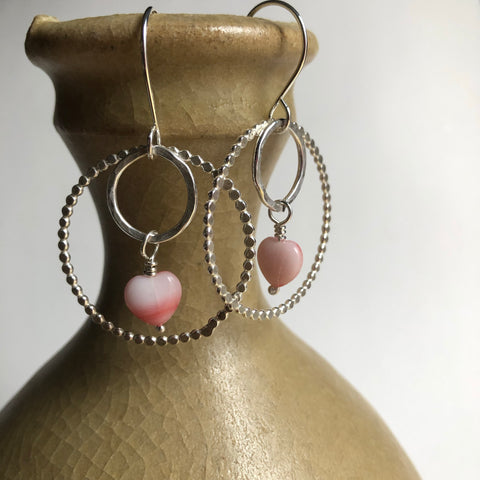 Double Hoop Earrings with Vintage Pink Glass Hearts